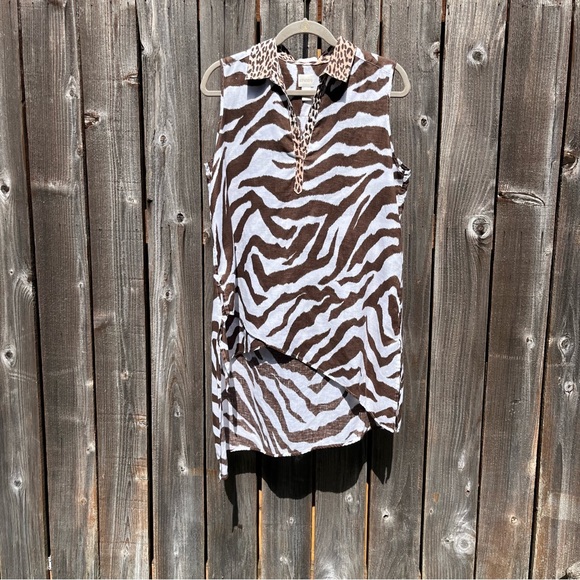 Chico’s brown sleeveless asymmetrical animal print linen tunic medium - Picture 1 of 16